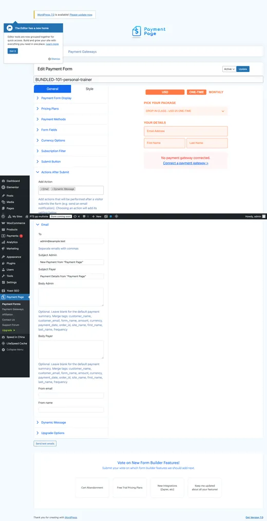 Payment Page confirmation email builder